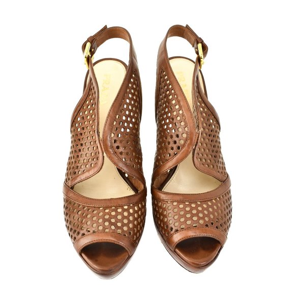 PRADA: Brown, Laser-Cut Leather Platform Sandals - Picture 2 of 10